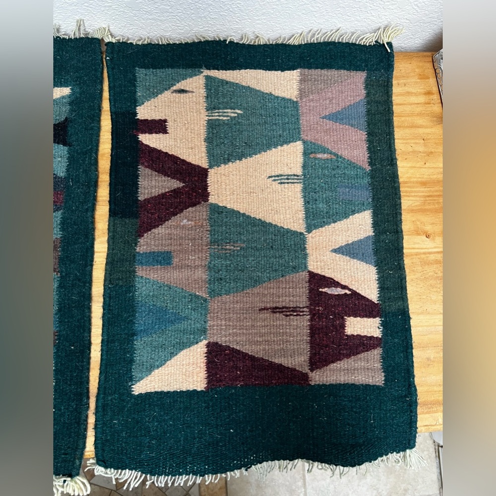 Pair Zapotec Handwoven Wool Fish Mexican Wall Hangings Tapestries